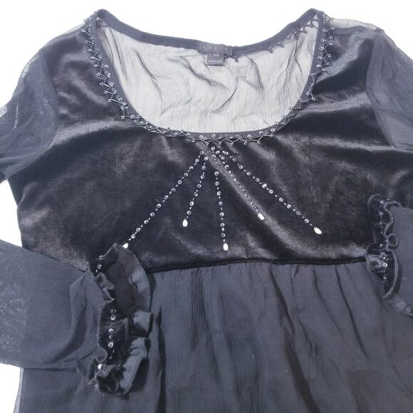 Lapis Sheer Silk Blend Velvet Rhinestones Embellished Ruffle Blouse - Picture 8 of 12